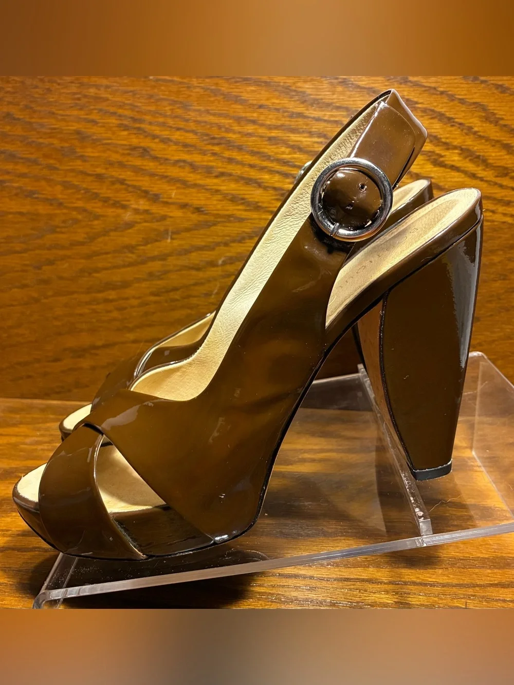 Boutique 58 Retro Slingback Platform Block Heels Brown Patent Size 8